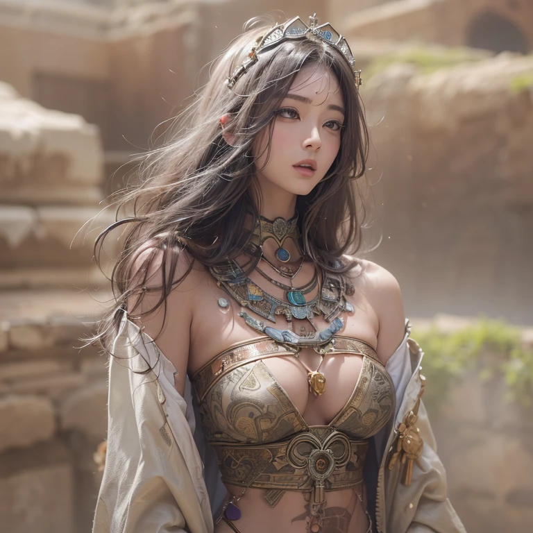 Hiding in the desert、Hair flow、 ((highest quality、masterpiece、8k、Best image quality、Ultra-high resolution、Award-winning works)、(Accurate anatomy:1.1)、(Look at me and smile:1.1)、Shining fair skin with Ultra-high resolution、The most detailed face、Ultra-high resolution detailed face、Ultra-high resolution hair、(Ultra-high resolutionのeyes :1.1)、Beautiful face drawn in every detail、(Blurred Background:1.1)、Ancient Islamic clothing, Chest to chest, tattoo, Old ruins in the background、Decorated elephant