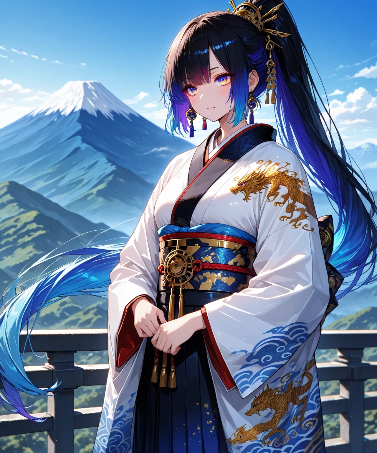 748cmstyle, 748cmstyle, in Japan a  Beautiful Gorgeous  Warrior Girl handles a cyber-Sword in pose action dynamic, more tattoo, warrior kimono,, very long ponytail Red/Black-multicolor hair, Photographic,multicolor gren/blue Best Quality, (detailed eyes), (high definition eyes), (high gradient eyes), (eyesHD) multicolor eyes, Effects/Lucid-Oil-Shine"
", cinematic lighting,,
intricate uniform detailing, full HD, 16K, UHD, photographic-Nikon-D780, depth of field, ancient Japan,mountain Fuji, nice blue sky with clouds, lazypos v2
