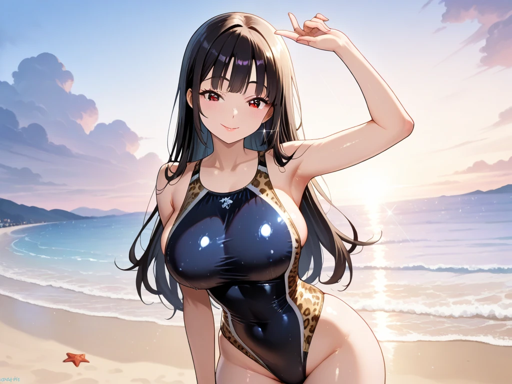 (((masterpiece、Highest image quality、highest quality、highly detailed unity 8kwallpaper)))、((Illustration of one girl))、(((beautiful girl)))、((black hair、Very Longhair、straight、golden hair ornament、red eyes))、(((sanpaku:1.4)))、(tall、stocky build:1.3, thickset physique:1.3, muscular legs, broad shoulders, solid chest,Armpit Hair:1.4、hairy armpits)、swimsuit、sandy beach