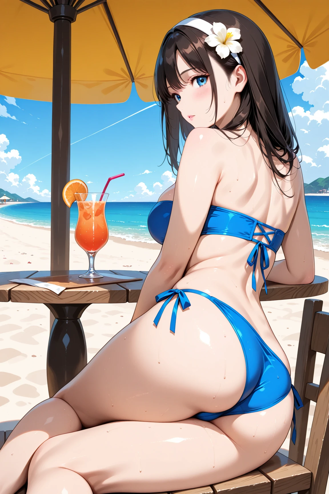High resolution, high quality, 1 girl, anime girl, dark blue hair,ponytail,long hair,dull bangs, dark blue eyes,[[pale skin]],Glossy skin, big breasts,beautiful breasts,(big ass),beautiful butt,pink high leg water wear,sitting,arm behind head,(lemon juice),(orange juice),(mango juice),(water),at the cafe,