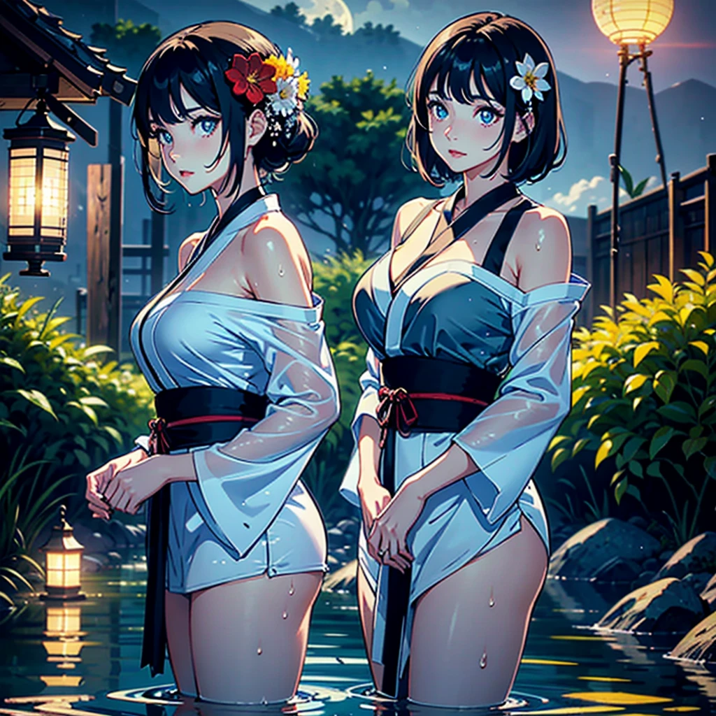 there is 2woman that straddling in onsen,(((A MILF: 1.4))), (Curvy:1.35),(((Dark skin))),Curvy physique,, Thick body,((big nipple)),((Completely naked)), (((pinching crotch in yukata))),((opened yukata)),((pubic hair)), sakimichan, model in Japan,((Sexual suggestiveness)),