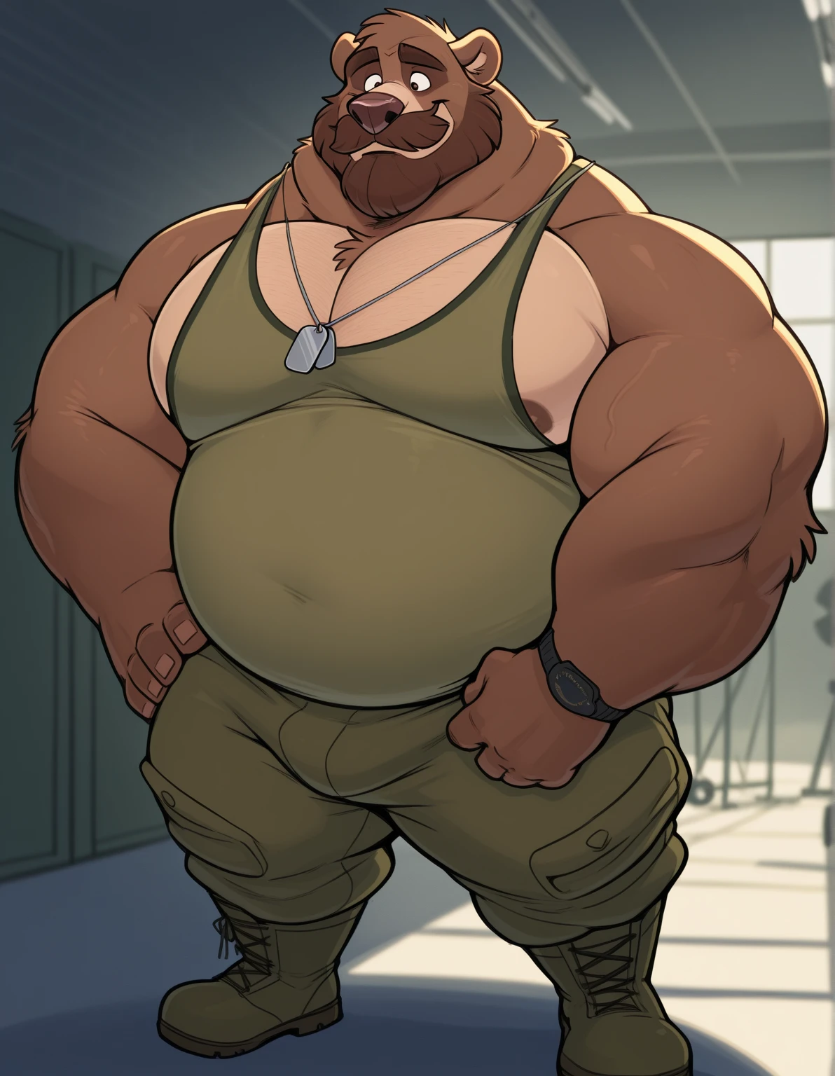 Fat furry bear ( 40 yo, red skin, In underpants, extremely huge belly, extremely fat ( 1000 lb: 1.1 ), huge bloated body, superobesity, morbid obesity, fluffy, haired), soldier, military uniform
