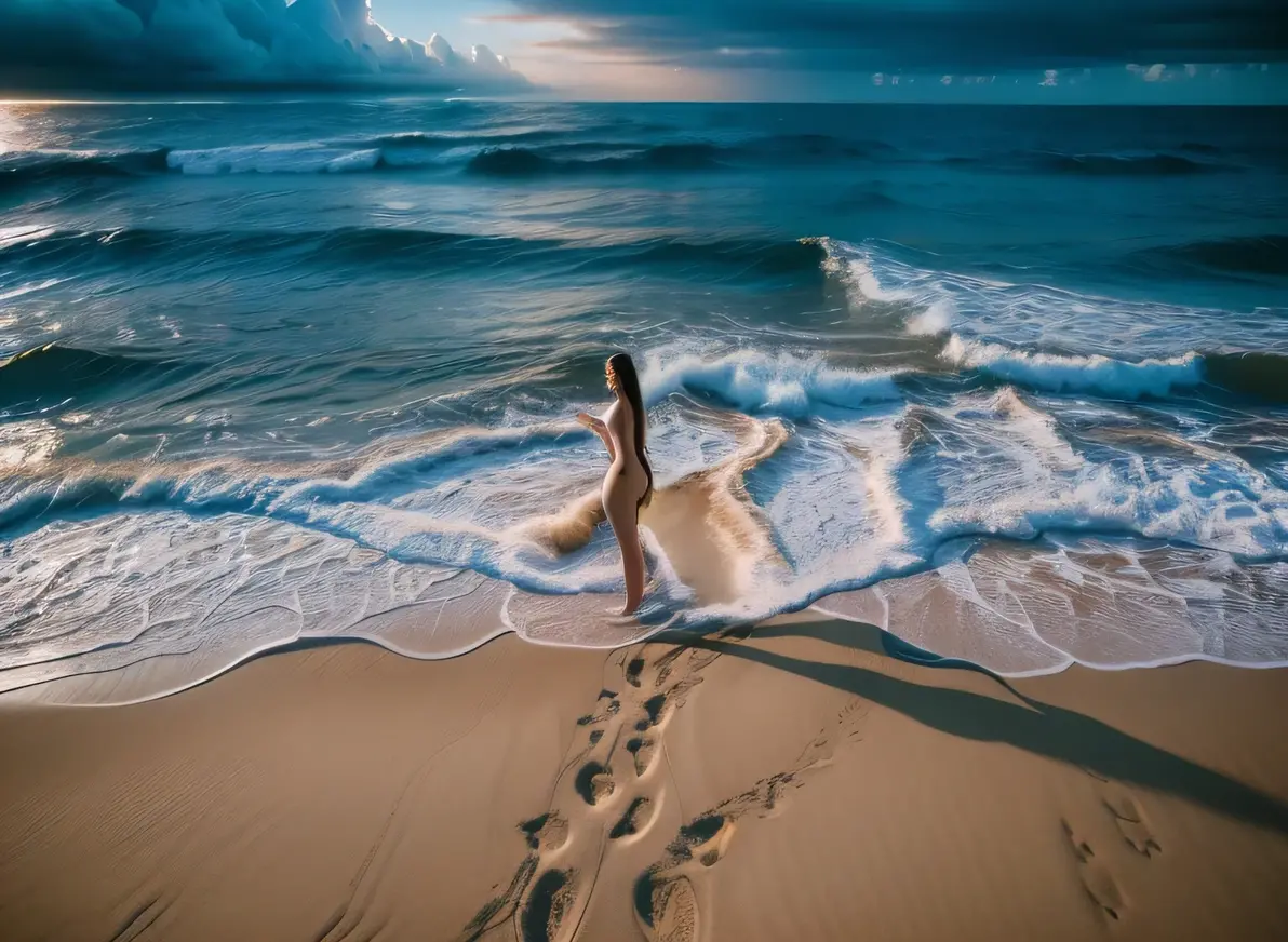 adolescent, walking on the beach naked:1.2 , the sun setting in the background, The waves that reach your feet, He's walking towards the observer. ((Emma Watson:1.2))