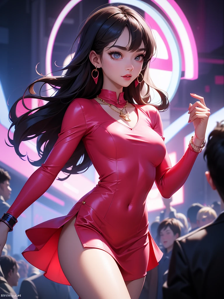 Young beautiful woman,(Highest quality,Extremely detailed depiction,Incredibly absurd high resolution,Anatomically accurate depiction,Curvy Legs),(Glowing Skin,Shiny skin,Sweat),(Fashion Model:1.3,High gloss latex dress,Luxury accessories,Earrings,necklace,Bracelet),eyelash,Flashy makeup,Pink Eyes,There is cleavage in the chest,Glossy Red Lips,Shadowed face,A seductive smile,whole body,(Walking pose:1.5,)background:Fashion show runway:1.5