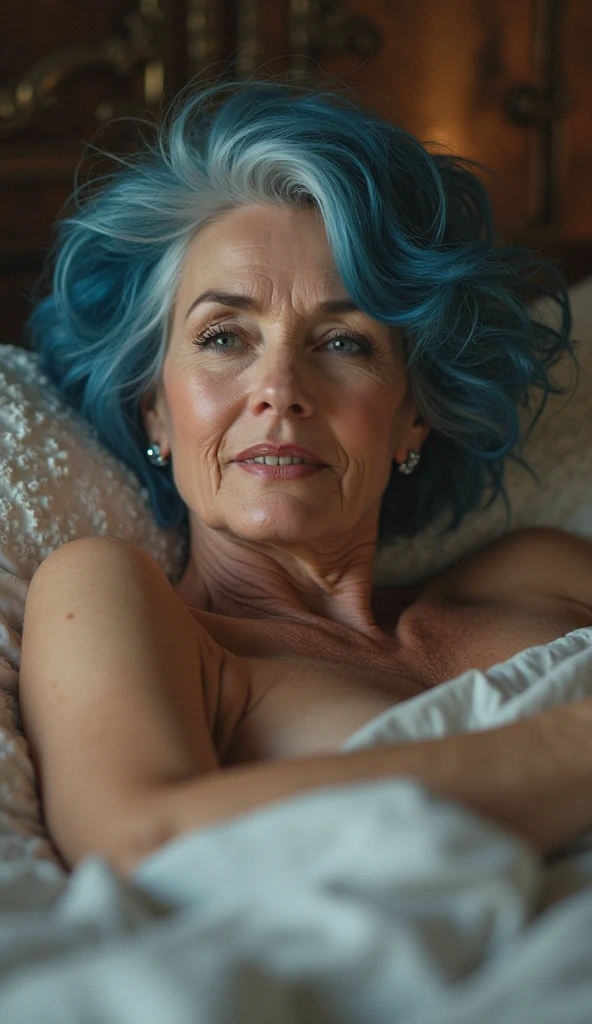 60 year old blue hair white woman, Scottish Irish, laying on a bed with her head on a pillow, overweight fat, extremely pale white skin, blue eyes, camera man having a above view of her face, looking at the camera with a orgasmic look, blue choker, blue night gown lingerie , blue glasses, eyes crossed, mouth slightly opened, legs up, showing vagina