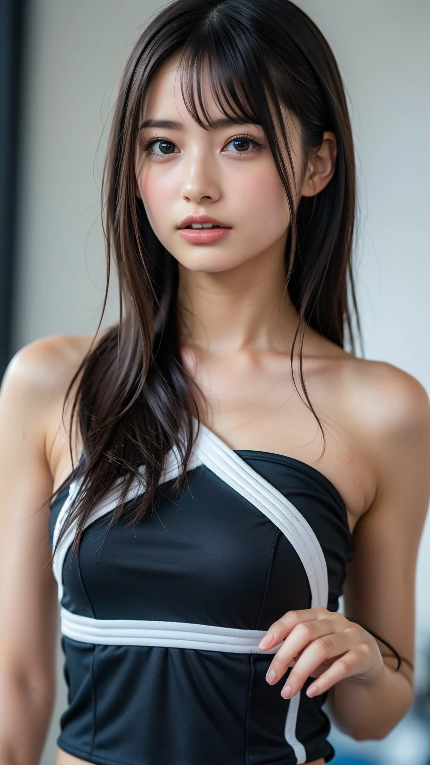 (masterpiece:1.5)、(Realistic:1.5)、(Highest quality:1.4、8K、RAW Photos)、 Ultra-high resolution、Professional Lighting、Perfect dynamic composition、Outdoor Shot、 Film Grain、chromatic aberration、(Bokeh:1.1)、 Frank、Sophisticated、charm、Surreal、High detail、Golden Ratio、 (1 Girl)、Slender girl、繊細でcharm女の子、Cute Woman:1.4、 Serious expression、Looking at the audience、Various poses、 Light brown hair、Shiny Hair、Hairstyle: ponytail、 Realistic looking skin、 shut up.、Beautiful Eyes、double eyelid、Thin arms、、 Perfect proportions、(Wearing a white ribbed turtleneck sleeveless dress:1.3), (Black Bra:1.4), (Ultra-realistic pantyhose),