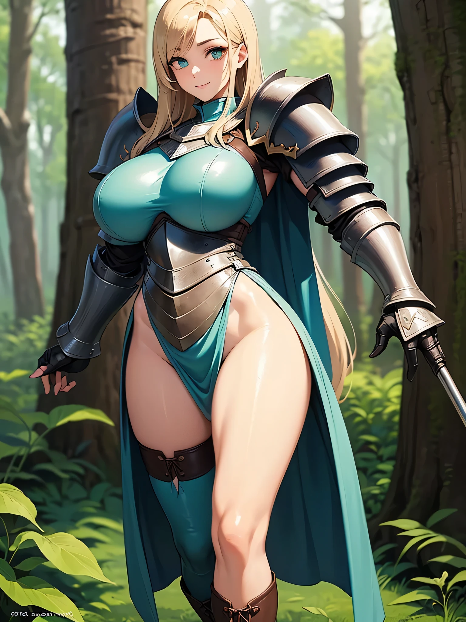 4k,High resolution,One Woman,Green Hair,Short Ponytail,Blue Eyes,Big Breasts,knight,White high leg leotard armor,Full Armor,Heavy Armor,White shoes,White gloves,Long sword,in the forest