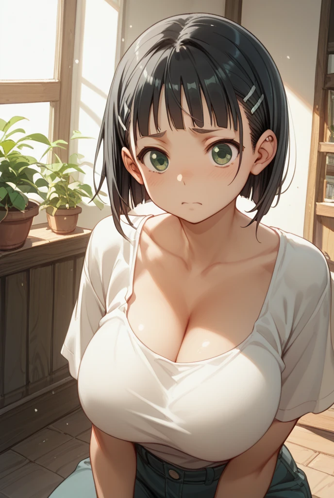(masterpiece:1.4), (detailed face:1.2),realistic proportions,intricate design, perfect face, (best quality:1.2), textured skin, 8k, highres, best quality, cinematic lighting, powerful impression, hyperdetailed, concept art, female, kirigaya suguha, light smile, massive breasts,white shirt,off shoulder,sitting, elbow on table, hand on face, looking at viewer, big room, giant glass, restaurant, luxurious, steampunk, light, reflections, solo, <lora:swordArtOnlineKirigaya_v30:0.8>
