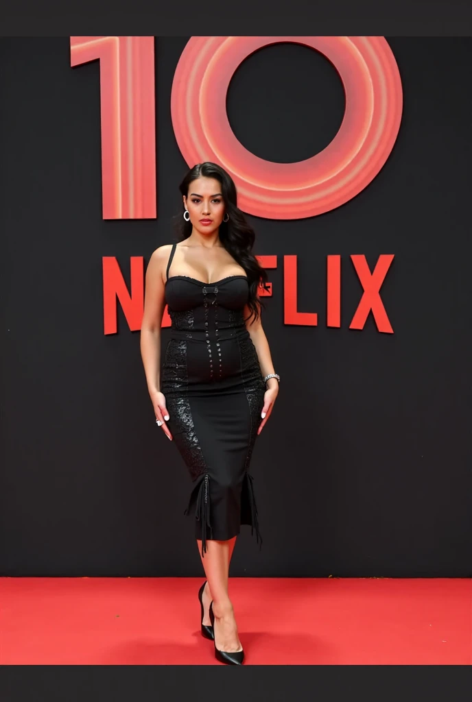 (masterpiece:1.2, Best Quality:1.2), 32K HDR, High resolution, Solo, 1girl in, (ultra-realistic portrait of Salma Hayek:1.1), (Black hair, Long hair, mexican actress, Mature Face, realistic 45 year old, Realistic nasolabial folds:1.1, fine lines:1.1), transparent dress, blue dress, unzip the dress, gigantic cleavag, ((walking on red carpet:1.1, surrounded by the media, the reporter, the press, the paparazzi, the camera man)), Detailed eyes, Detailed skin texture,