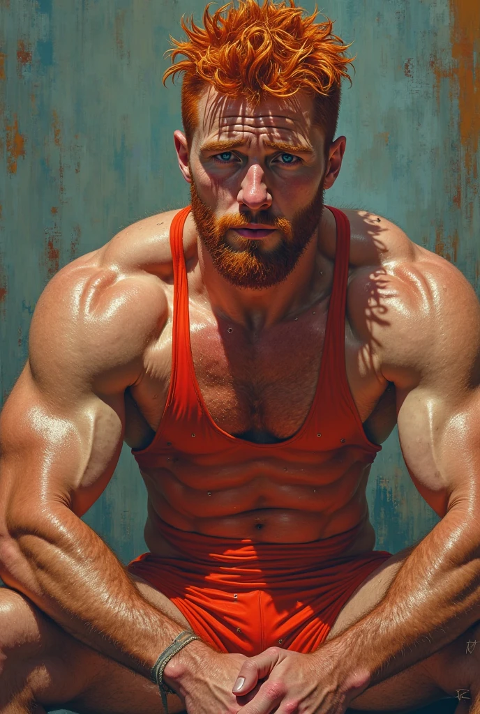 (GS-Masculine:1), 1boy, looking at viewer, detailed realistic open eyes, (mischievous smirk:1.2):1.2, (seductive expression), redhead stud, ginger eyebrows, (sunrise):1.2, dapper charming man, (ginger:1.2), hairy chest, sideburns, dimpled chin, soft and inviting, warm lighting, portrait, dappled light, freckles, (hyper pecs:1.5), (large muscles:1.5), blue eyes, bedroom, 8k high resolution, very detailed muscles