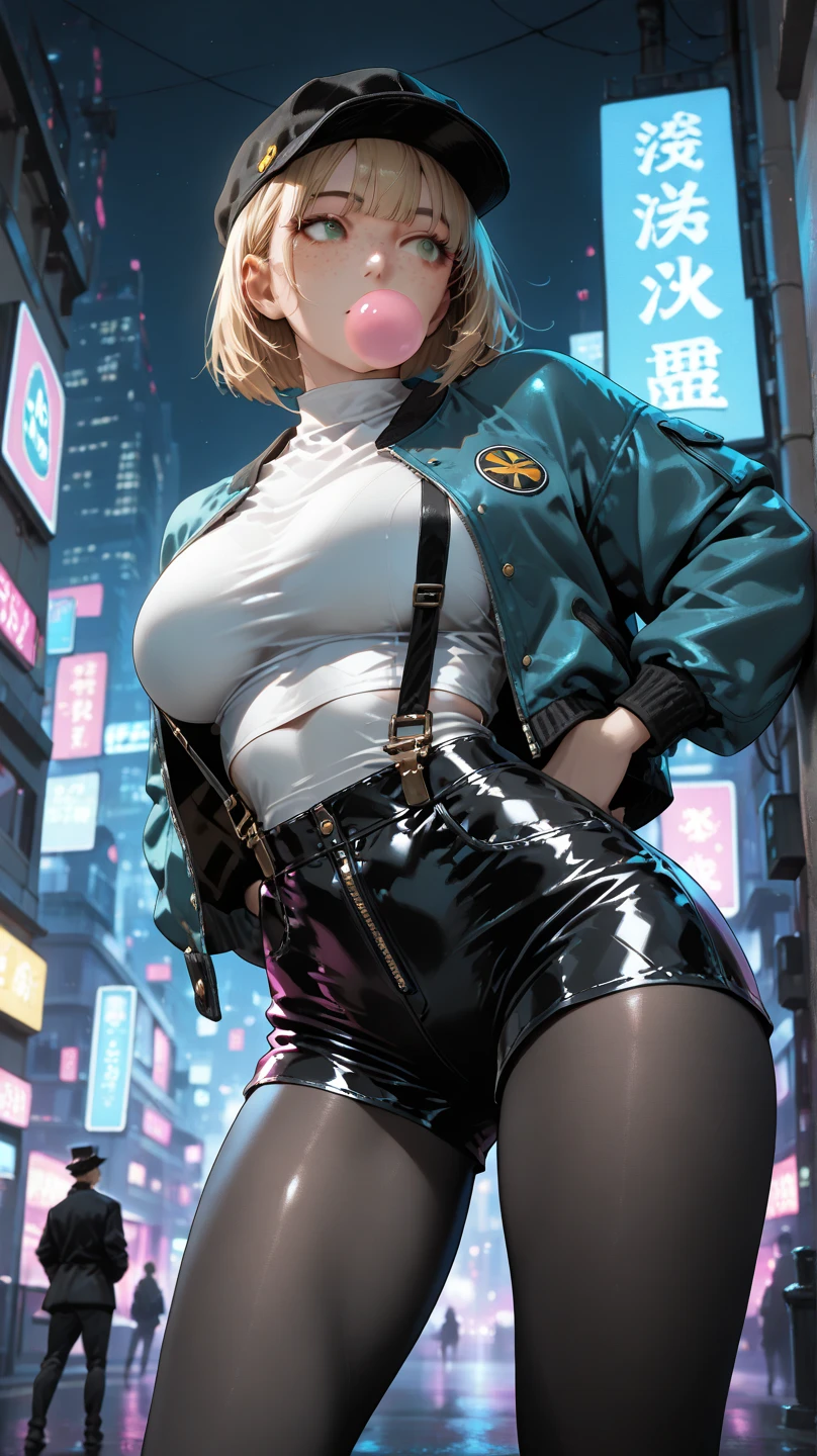 girl rave,(((1girl))),((girl with extremely cute and beautiful white hair)),dark skin,very dark skin,dark_skin,
(large breasts:1.4),saggy breasts,(((white hair:1.35,straight hair,long hair:1.4,colored inner hair,ear breathing))),(((light_yellow_eyes:1.3))),intricate eyes,beautiful detailed eyes,symmetrical eyes,big eyes:1.5,((fat)),((((black girl,black skin,dark-skinned_female,dark skin:1.3,ebony skin,lustrous skin:1.5,bright skin: 1.5,shiny skin,very shiny skin,shiny body,plastic glitter skin,exaggerated shiny skin,shiny skin like ebony,illuminated skin, wet legs))),(spider lower abdomen,narrow waist,wide hip,athletic body,inflated legs,detailed body,(detailed face)),
cute,slutty,seductive,erotic,((nsfw)),
zettai ryouiki,revealing clothing,show skin,((rave shirt with an yellow print,rave mini-skirt,visible thong straps)),(wearing a rave outfit:1.3,rave clothes,semi-naked,with little clothing),((wet clothes,intricate outfit,intricate clothes)),
(dynamic pose:1.0),solo focus,embarrassed,(centered,scale to fit dimensions,Rule of thirds),
cyberpunk city by the ocean at night, with bright neon signs and dark stormy clouds and puddles, scenery:1.25,nighttime, starry night, cosmos,
artistic photography,(photography taken by sldr),highres, sharp focus, (ultra detailed, extremely detailed), (photorealistic artwork:1.37),(extremely detailed CG unity 8k wallpaper),((synthwave background theme)),(((vibrant colors))),(intricate background),(masterpiece),(best quality),