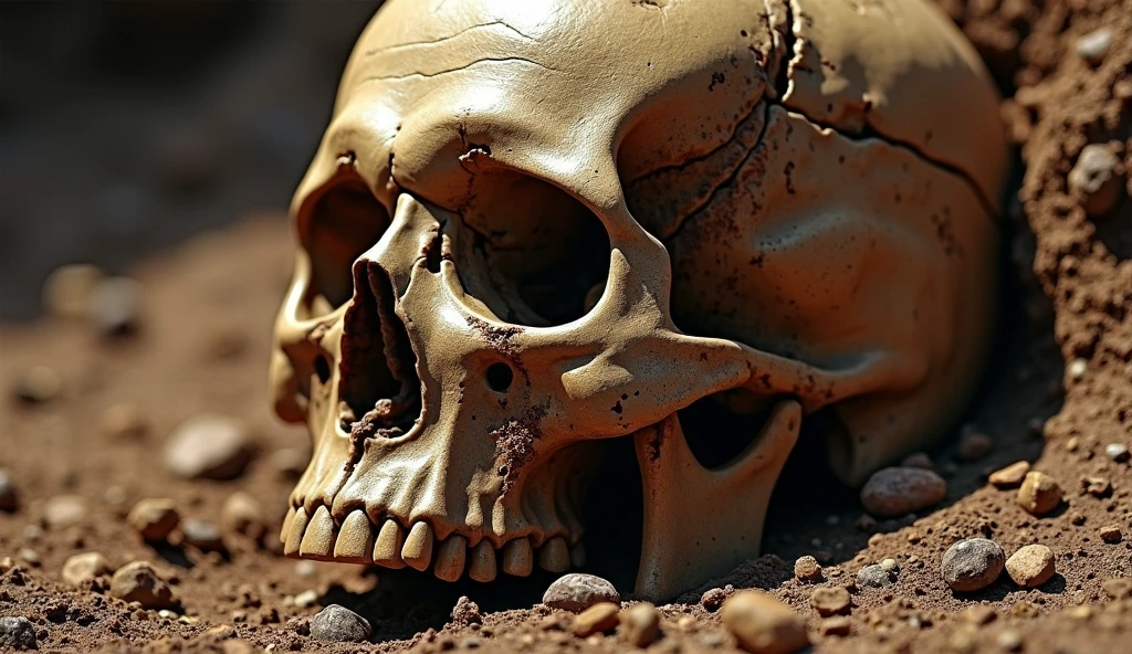 A skull still wearing a helmet is found on a battlefield from Japan's Sengoku period、There are many flies and bugs around the skull.。photo、photoリアリスティック、