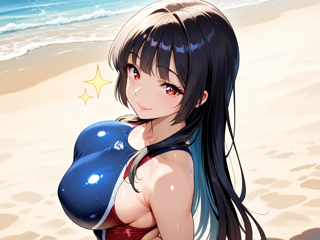 peanut, 1girl, solo,blue eyes, brown hair,multicolored hair, large breasts, smile, single hair bun, long hair,  looking at viewer, breasts, swimsuit, beach, ocean, outdoors