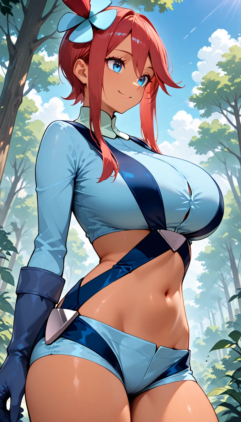 (masterpiece, Highest quality:1.2) Scylla, Pokemon, One girl, alone, View your viewers, smile, Redhead, (Sunburn:1.1), Side Lock, hair ornaments, blush, blue eyes, (Large Breasts:1.4), belly button, Wide Hips, Thick thighs, abdomen, Crop top, Short shorts, turtleneck, Blue shorts, Blue gloves, salute, blue sky, cloud