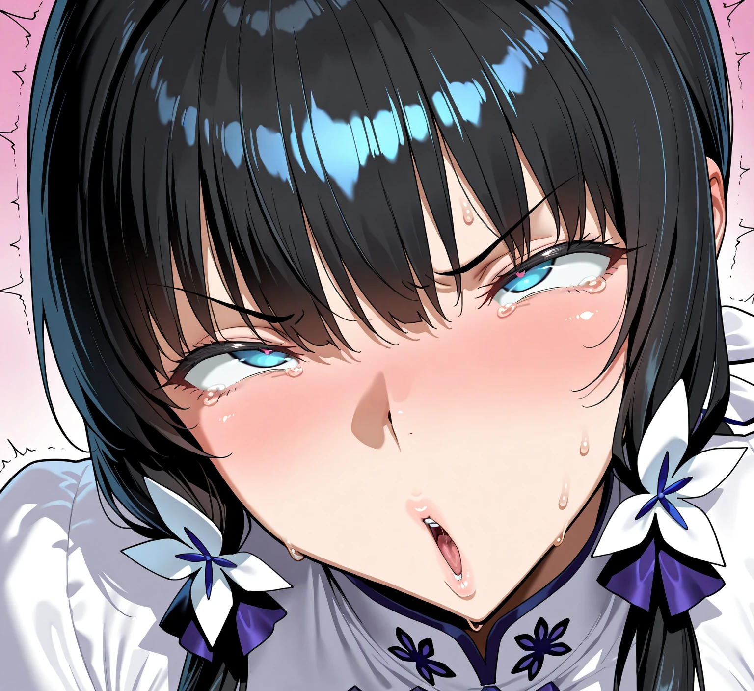nsfw,1 male,Sweat,White Breath,Demon slayer,Shinobu Kocho,(Cleavage voyeur),sit,room,((Small breasts)),View from above,((Titty fuck)),((Cum on my chest)),Ahegao,Bukkake,Large areola,((Cum on face))