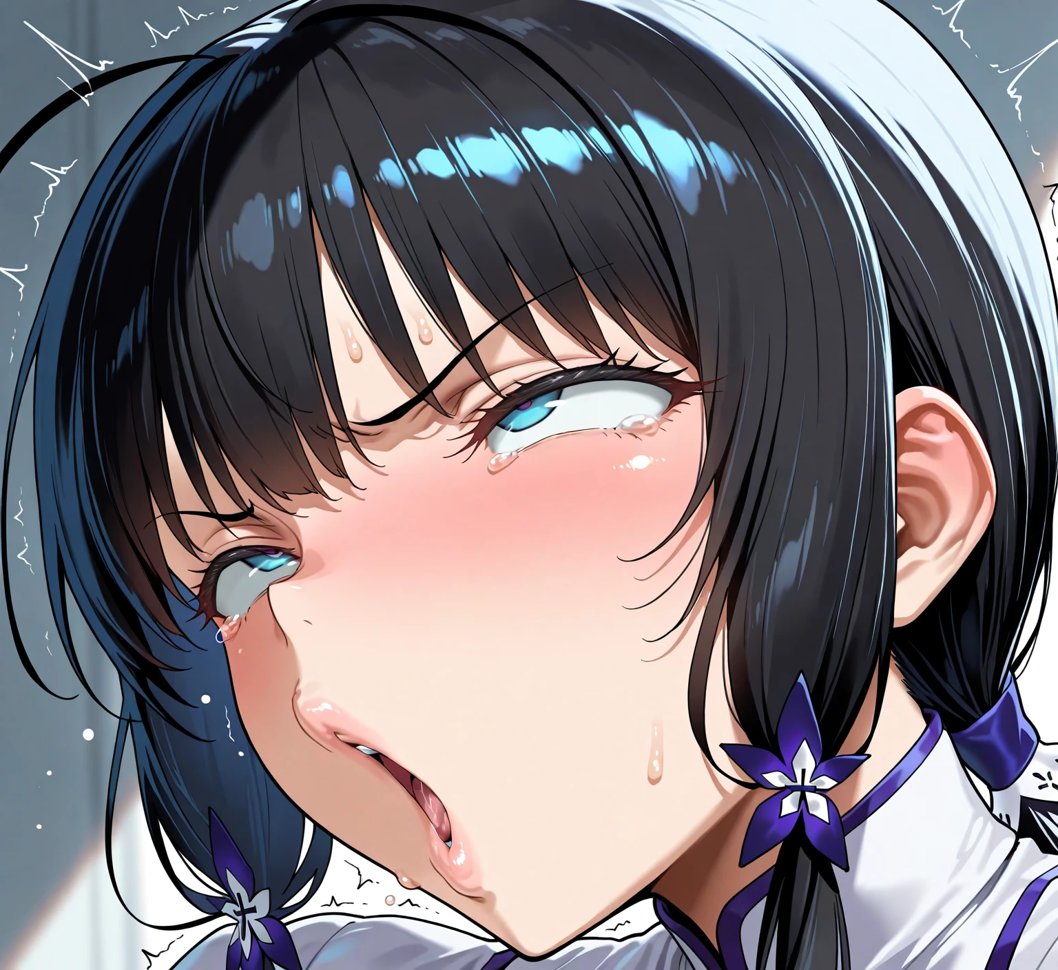amamitsuki, sidefellatio, fellatiofrom side,1boy, perfect penis, fellatio, cum, maid, black hair, long hair, (embarrassed:1.5), open mouth, (((cum on facial))), detailed face, best quarity, smile, afterglow, aroused, cum on hair, pojecile cum, bukkake