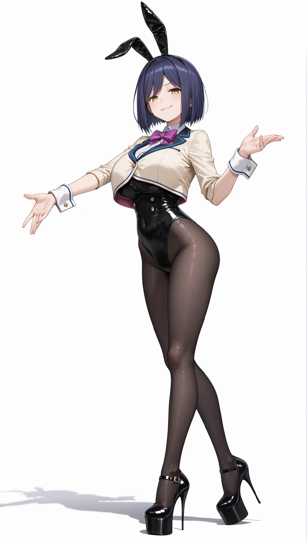 top quality, nijisanji, shizuka rin, sr1, huge breasts, wrist cuffs, black high leg leotard, dress, ((cropped blazer)), blue jacket, ((very long straight hair)), purple bowtie, yellow eyes, ((Smirk))