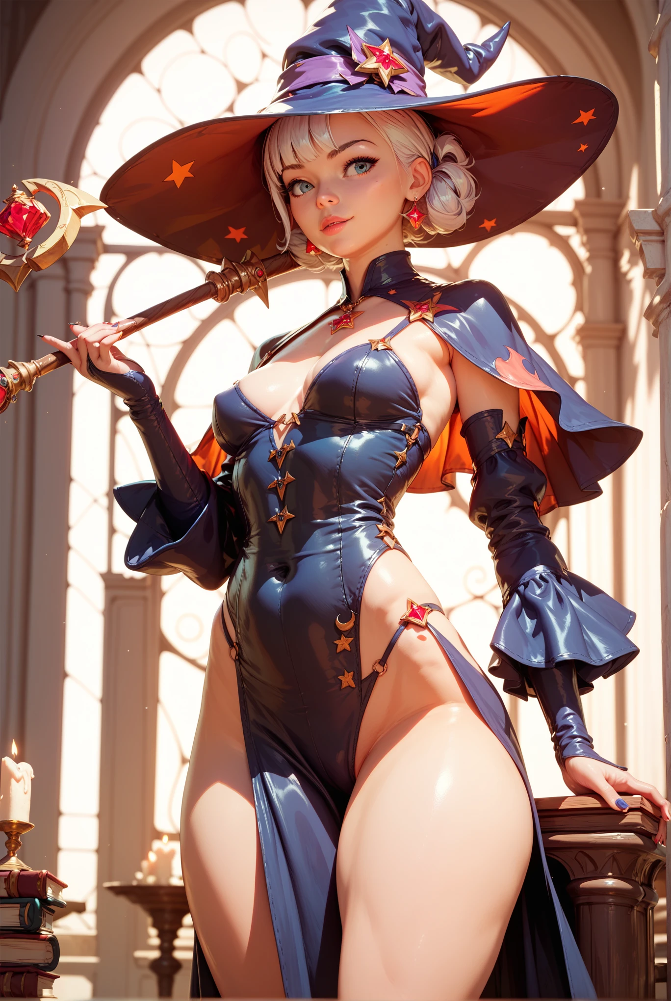 (Obra maestra:1.2), (La mejor calidad:1.2), perfect lighting, Chica Maga Oscura lanzando un hechizo, flotando en el aire, tetas grandes, escote, fondo de magia. Corazones transparente en el hambiente, bata azul, sombrero grande, desde arriba, Destellos, Yugioh Card en el fondo. En tacones y en bikini