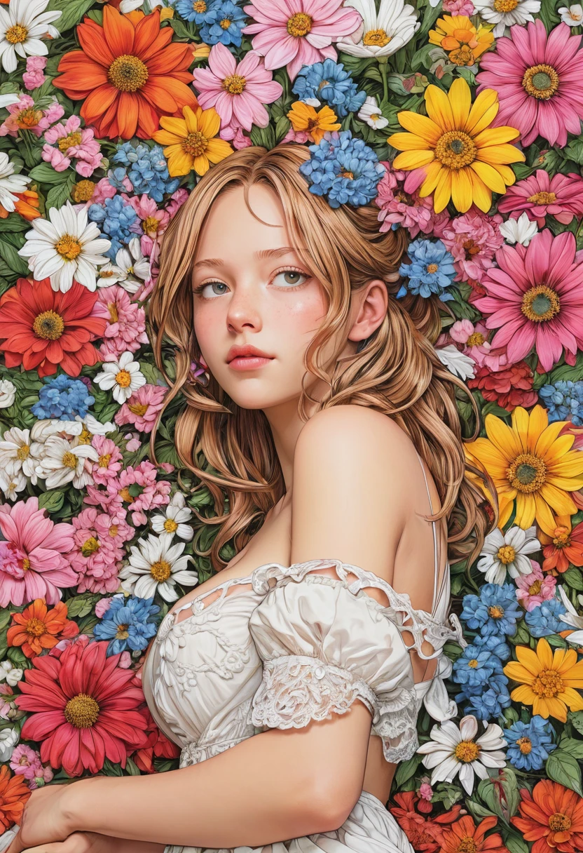 (ultra-detailed background, detailed background), absurdres, highres, ultra detailed, extremly detailed, 1girl, (bunch of flowers:1.3), (zentangle:1.2), (geometric:1.2),(colorful), Stylized poster, Russian beauty, in sunflowers, (artist Andrey-Remnev), ((Best Quality, tmasterpiece)), Extreme detailing, 8K