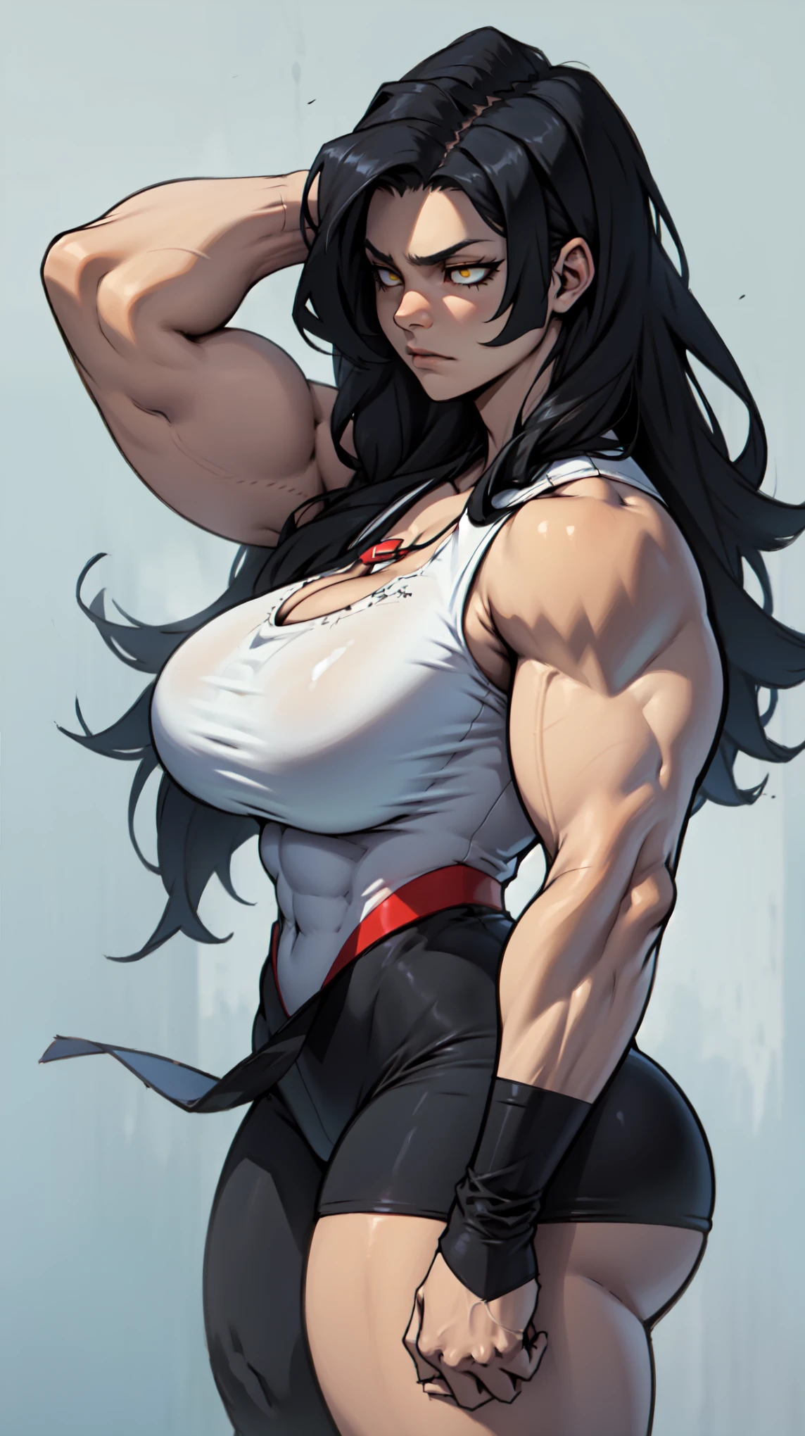 very long hair black hair yellow eyes pale skin very long hair sad frown blush disappointed muscular huge breasts athletic girl