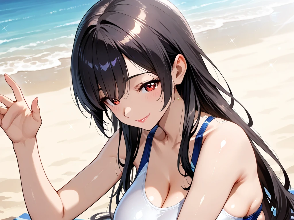 elegant、Mature women in their 40s、Iris、Black Hair、Soft Light、4kresolution、high quality、Upper Body、Summer sunshine、100$1,000 Smile、Summer attire、Live-action version