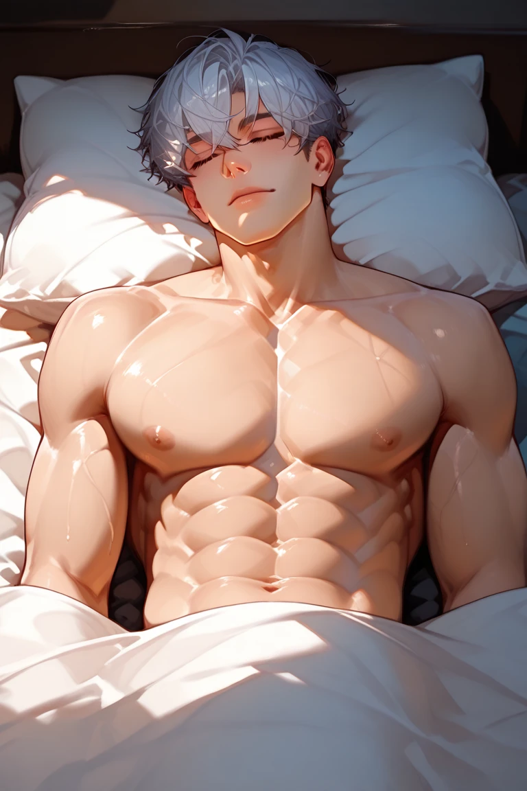 Shirtless anime guy muscular with white hair
Bts style
6 pack abs
Lying on the bed