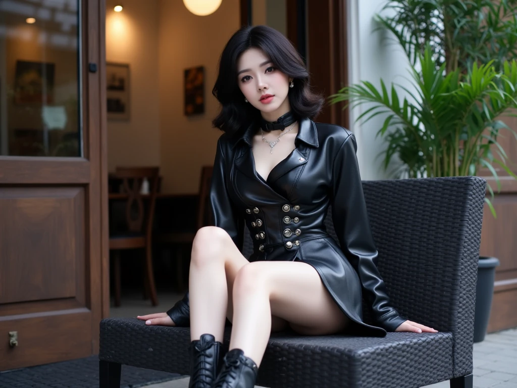 Sophisticated, masterpiece, beautiful details, colorful, fine details, delicate lips, intricate details, big breasts, 1 female, (a beautiful 20 year old cute Korean female: 1.1), (kpop idol, mixed Korean), ( 50mm Sigma f /1.4 ZEISS lens, F1.4, 1/800s, ISO 100, photograpy:1.1), (ponytail+black hair:1.2), (photorealistic:1.4), (spy:1.2), (open jacket, shirt, skirt, tie, black pantyhose, christian louboutin\(brand\),: 1.3), earrings, necklace, armband, (tavern, bar: 1.2), (beautiful legs, tall girl, skinny, slim_legs, thigh_gap, model :1.2), lens flare, viewed from the front, (happy smile: 1.1), dynamic pose, (makeup: 1.2), sitting on a bar stool,