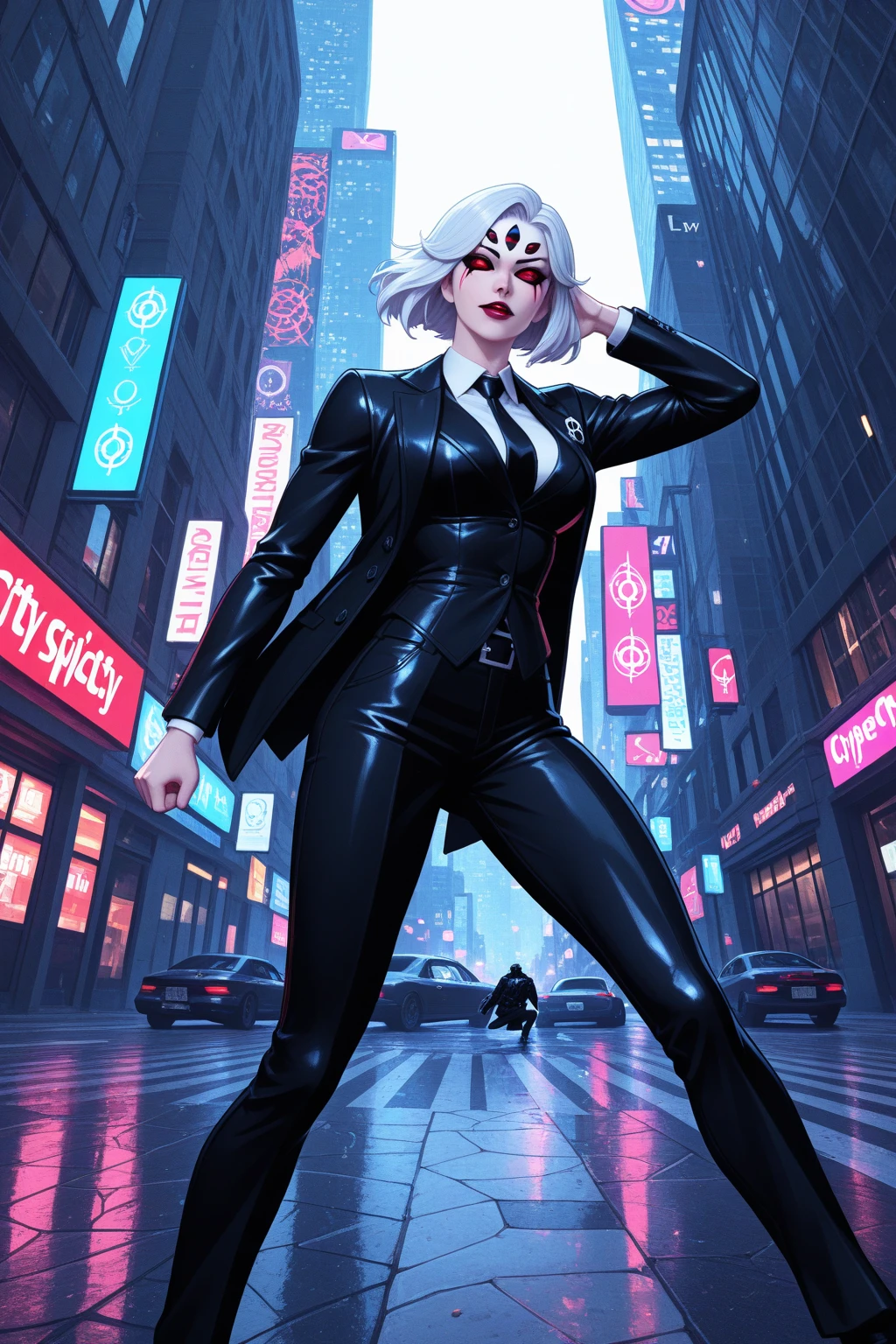Villain Chubby Spider-Woman, Short white hair bob, Mask on the whole face, tight blue and black suit, on roof, night city, luna, higly detailed, Realistic full-length photo