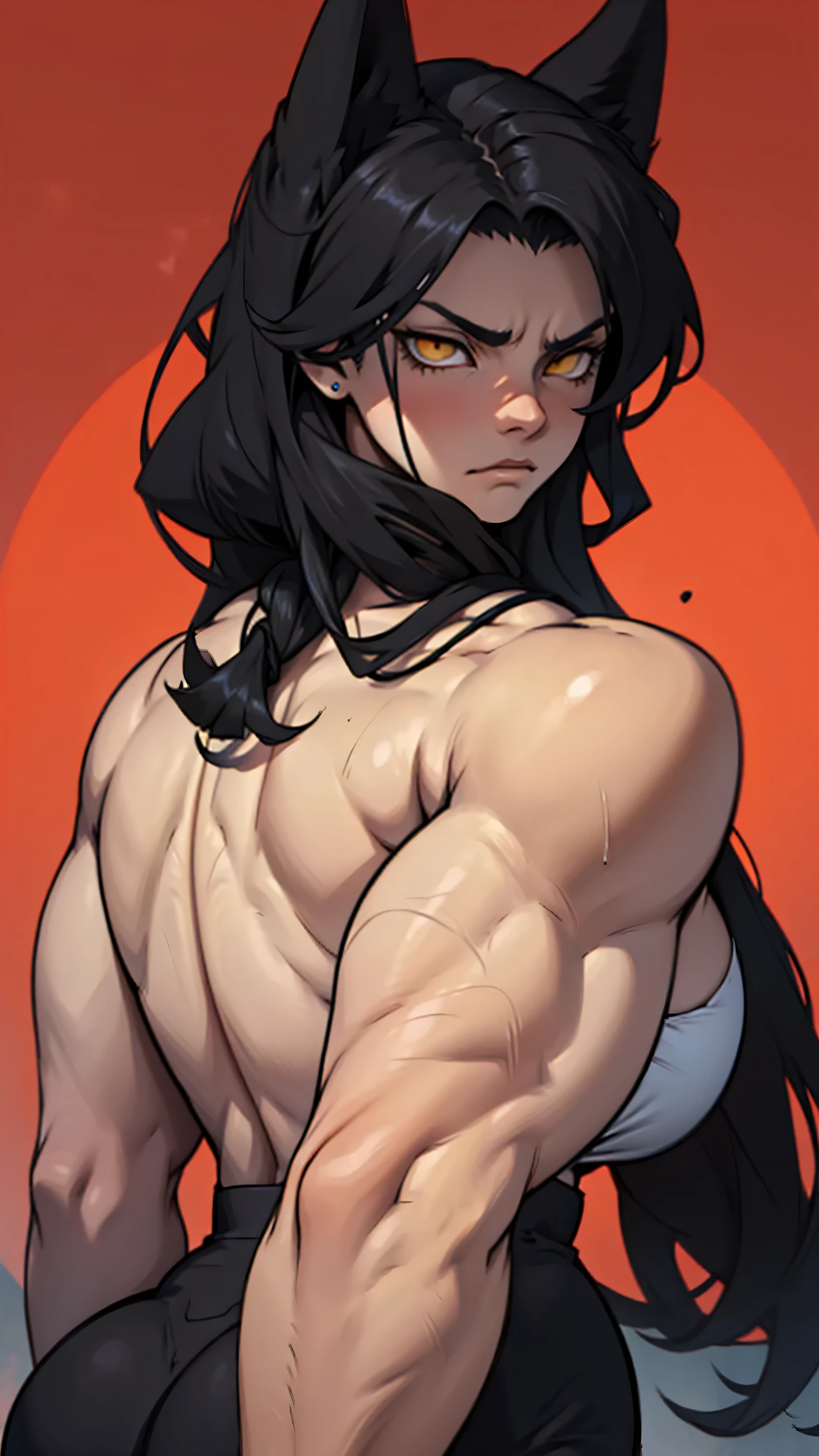 girl muscles small breasts pale skin black hair yellow eyes sad