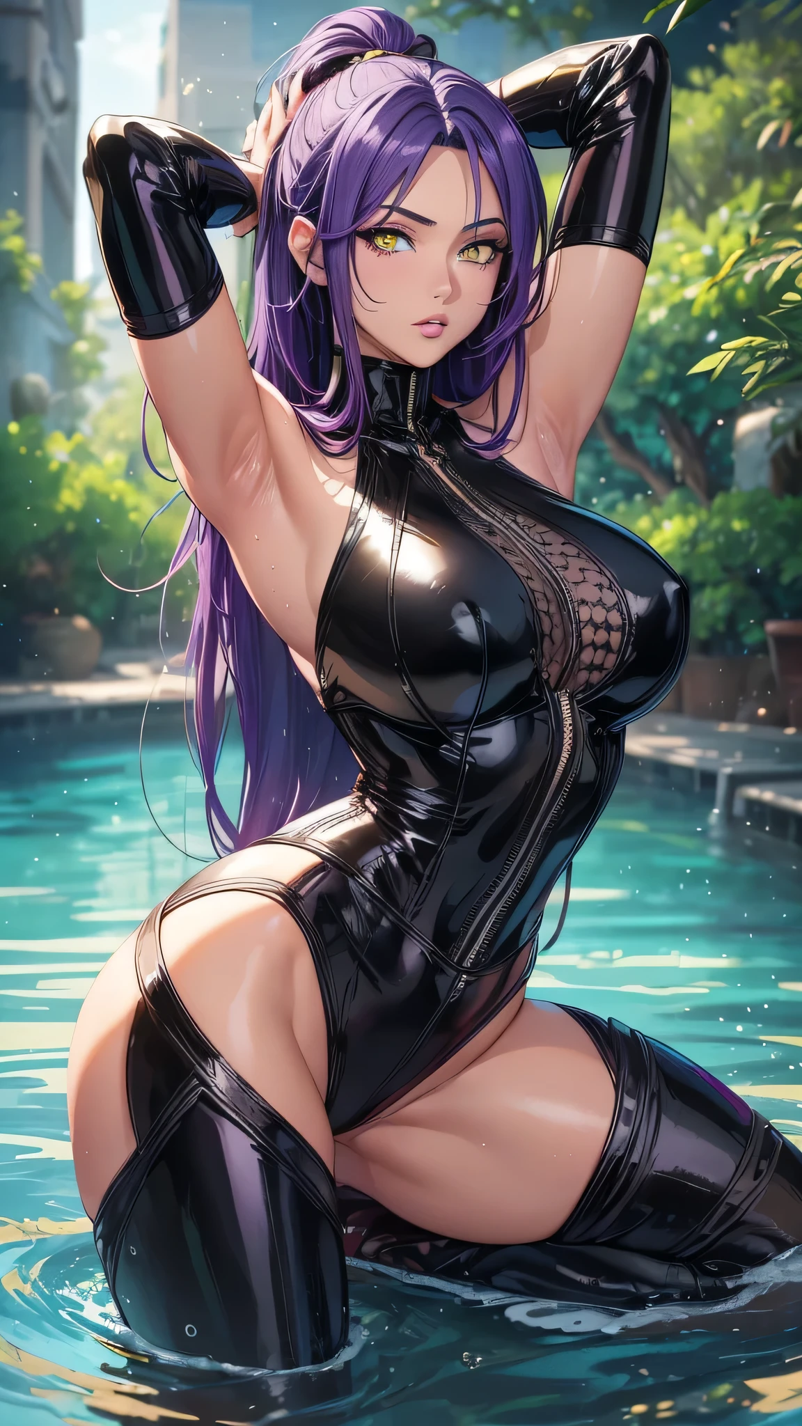 A beautiful and sexy woman in a stunning UHD 4K resolution, showcasing her perfect muscular figure in all its high-definition glory. Her body is slim and thicc, with accentuated curves that are enhanced by the body-hugging white latex catsuit she wears. The suit is tight, leaving little to the imagination and emphasizing her perfect feminine form. The front zipper is unzipped, revealing her clevage and adding to the alluring nature of the image. The suit features a latex choker that perfectly complements her shiny wet hair, styled in a ponytail, and latex high heel boots that add extra height and sex appeal to her already stunning appearance. The woman's skin glistens under the cool lighting, making her wet body shine, and her thick, red lips are parted in a seductive pout. The image is shot in HDR, allowing for stunning contrasts between the light and dark areas, highlighting every detail of her wet hair, her perfect body, and the accentuated curves of her feminine curves, including the outline of her vagina. Overall, this is a breathtaking and tantalizing image that showcases the woman's irresistible allure and perfect body in all its UHD 4K high-definition glory.