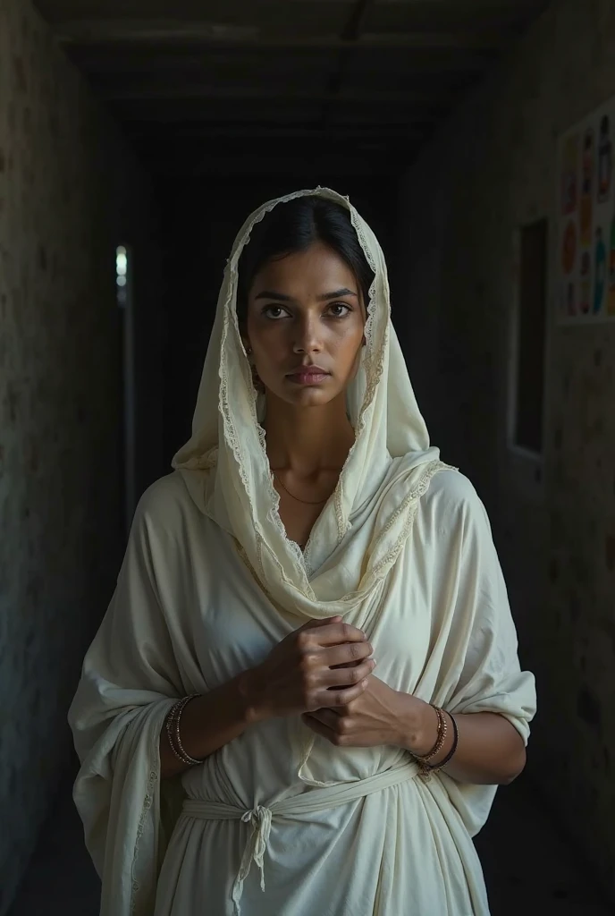 (masterpiece, best quality, insanely photorealistic RAW close-up portrait:1.4) of a stunning beautiful 25yo indian woman, traditional colorful dress, beautiful face, long wavy hair, (intricate veil covering hair partially:1.2) (shy, looking down:1.5), indoors, detailed eyes, (natural skin texture:1.1), award-winning travel photography, highly detailed, (sharp focus:1.2), intricate, (soft lighting, indirect warm lighting:1.6), dramatic lighting, 4k, 8k, HD
