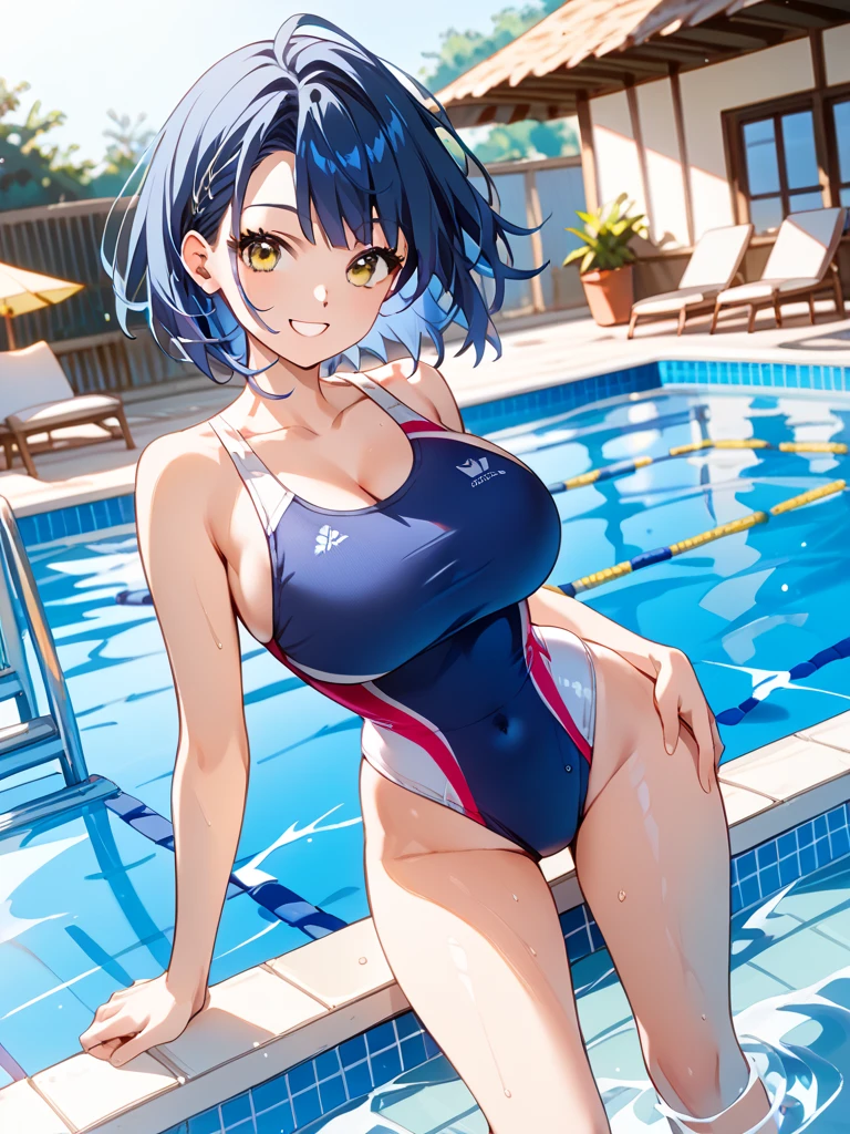 (hamakaze, blue eyes, grey hair, hair ornament, hair over one eye, hairclip, short hair, short hair:1.4), BREAK, (pool side:1.2); (masterpiece, best quality:1.4), (super fine illustration, shiny skin, detailed skin, detailed face, cute, detailed eyes, anime screencap:1.2), Break, (curvy, large breasts:1.4), BREAK, (Racing-style swimsuit:1.4), (scratching own head:1.3), BREAK, (gentle smile, blush:1.2), (wet, sweat:1.2)