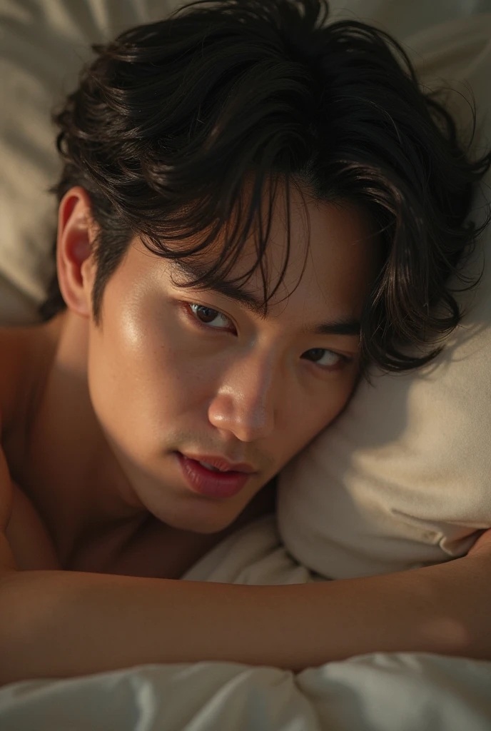lee jang wook in underwear and shirtless, showing off her washboard abs, and his evil smile of lust, lying on a bed with your arms up