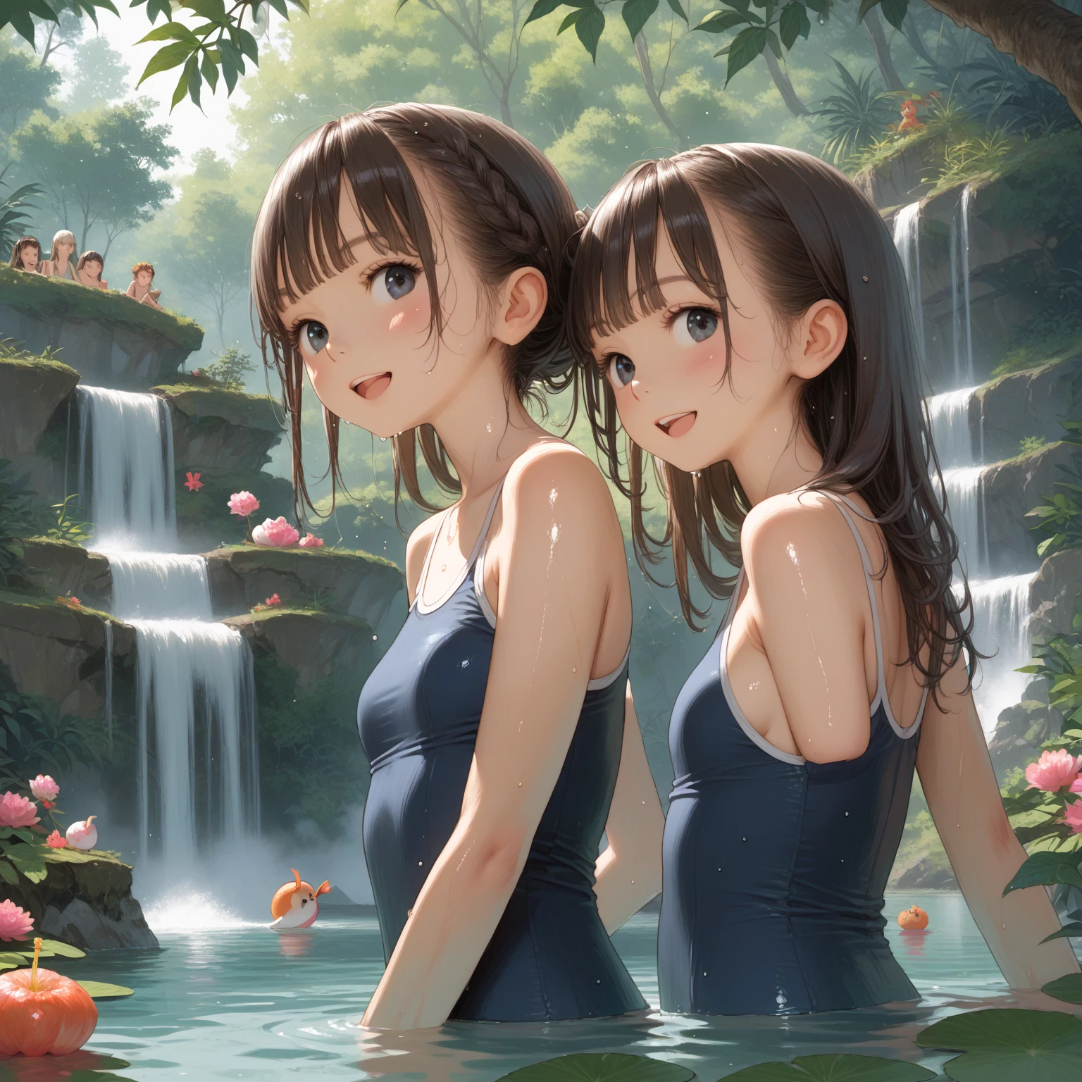 Two girls swimming together,Spring water,Small fish