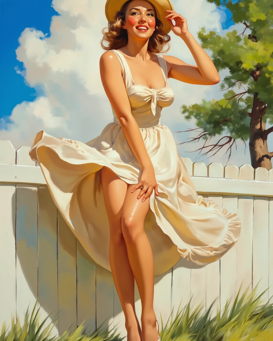 nsfw, photorealistic, beautiful face, (masterpiece:1.4), (best quality:1.4), extremely detailed, hyper-detailed, soft lighting 38 years old beautiful blonde 1950's pinup woman in her late thirties kneeling on all fours between flowers in a garden, dressed only in a green bib apron and yellow rubber boots , sideboob, naked buttocks, white pearl necklace and white pearl earrings, perfect body, busty, perfect legs, intricate details, masterpiece, bestquality, uhd, 8k, ((plain backgound:1.3)), shaved pubic area, big breasts, hanging breasts, long hard nipples, short blonde hairbun with a bow in her hair, shaved pubic area, (perfect_face), intricate, 4k, detailed_background, full_body, realistic, 8k, sexy, very cheeky smile, challenging naughty facial expression, side view, back view, she looking over her shoulder 
