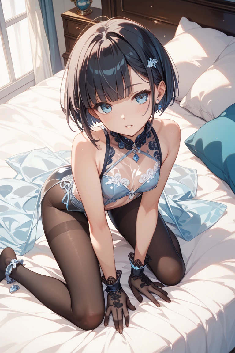 finger to mouth,lick,One hand on your chest,from front,front view,looking at viewer, looking ahead,from above,cowboy shot,1girl,Beautiful 14 year old girl,Japanese,Slender,,low length,Small breasts,Thin legs,Small Ass,Baby Face,Small face,Black Hair,Short Twin Tails,Gray Eyes,Drooping eyes,slit pupils,narrow eyes.middle School girls,Black collar with black leash,Black eye mask,A see-through black and light blue negligee,Sexy Lingerie,open mouth,tongue out,front face,Kneeling,Straight Stand,Beautiful and detailed anime art,Mischievous smile,Sexy vibe,cum on tongue,Dimly lit room,On the bed,Simple Background,Gray background,Low lighting,
