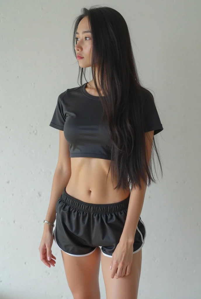 This 19 year old girl is thin, very white skin like Asians. Her black hair falls to her elbows. She has a beautiful body with a small waist., wide hips and small breasts. She is dressed in a blue navel-length T-shirt and tight black faux leather pants.. Está mirando de frente a la cámara para una Photo de cuerpo completo en una calle común de Camagüey, Cuba. Masterpiece, high resolution, Best Quality, intricate details, Very detailed, sharp focus, detailed skin, realist skin texture, texture, professional, 4k, shot with cannon, depth of field, Kodak Vision Color, perfectly fitted body, extremely detailed, Photo_\( ultra\), Photorealist, realist, Post processing, Maximum details, roughness, real life, ultrarealist, Photorealism, Photography, 8k hd, Photography