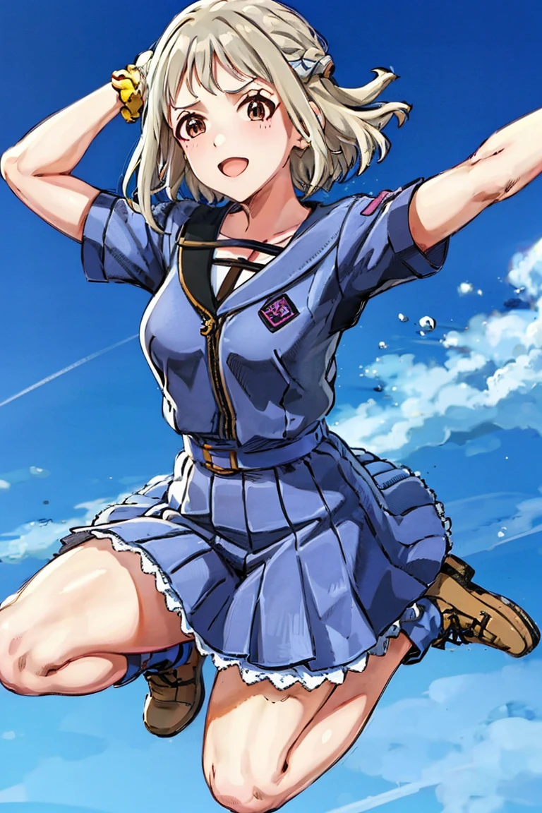 One girl,((Kaoru)),blush,Gentle expression、Welcome、rooftop、blue sky、Are standing、slender body,ideal ratio body proportions,uniform、skirt、skirt lift,Cute string panties、from below,A complete depiction of the human body,masterpiece, Highest quality, Game CG, ultra detailed、highres、extremely detailed CG