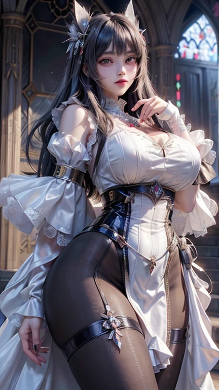 Fantasy dungeons scenario an Italian girl with very long black hair, thin, gigantic breasts the girl wears a blouse and a miniskirt with lapels, the girl is a prisoner, tied to the wall, slave collar