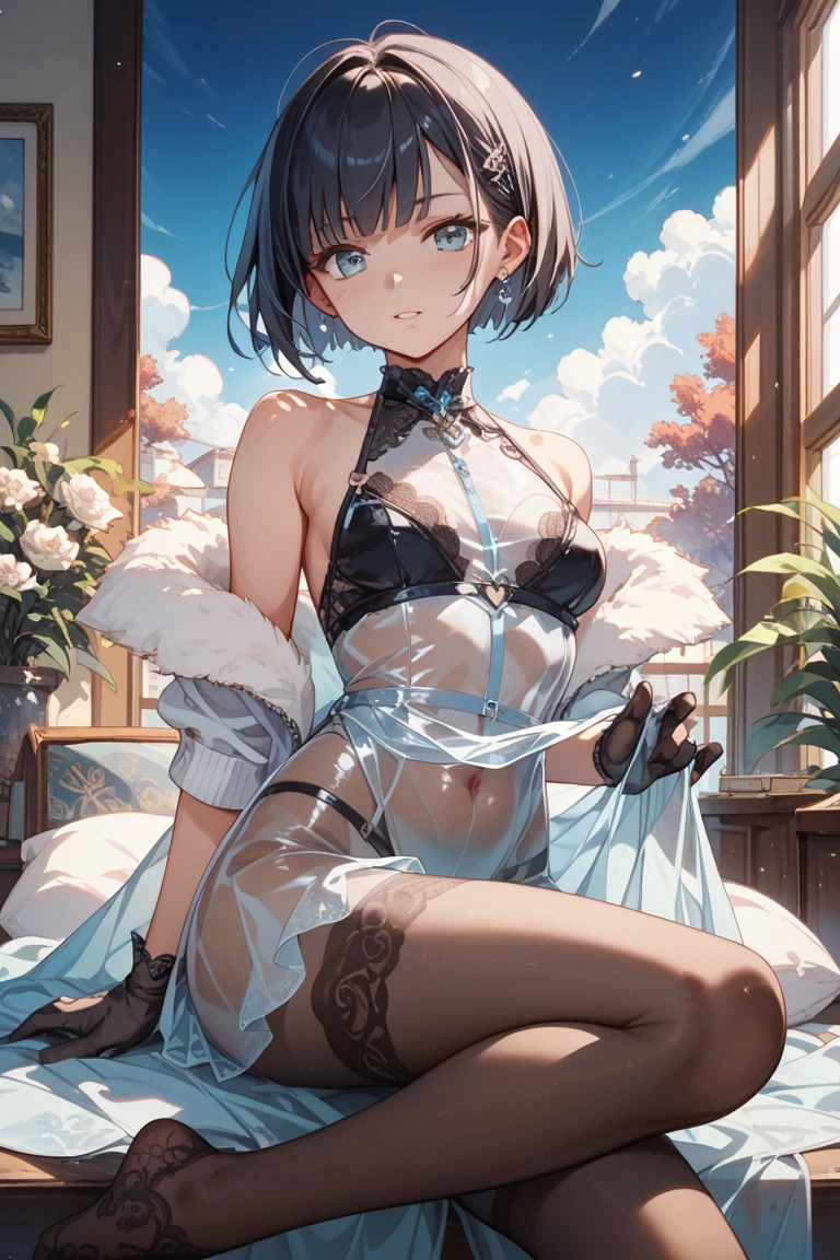 masterpiece, highly detailed, highest quality, high resolution, super precise, (1 girl), plain crop Tee-shirt with heart shaped boob window, plain sheer colored waist high pantyhose,, flawless skin, inky black dark violet hair, pixie cut hairstyle, sharp facial features, young 16 year old teenager, sharp facial features, high bridged nose, medium height(178cm), cowboy shot, slender and slim body with ample curves, velvet colored eyes, (no lingerie), (no panties)