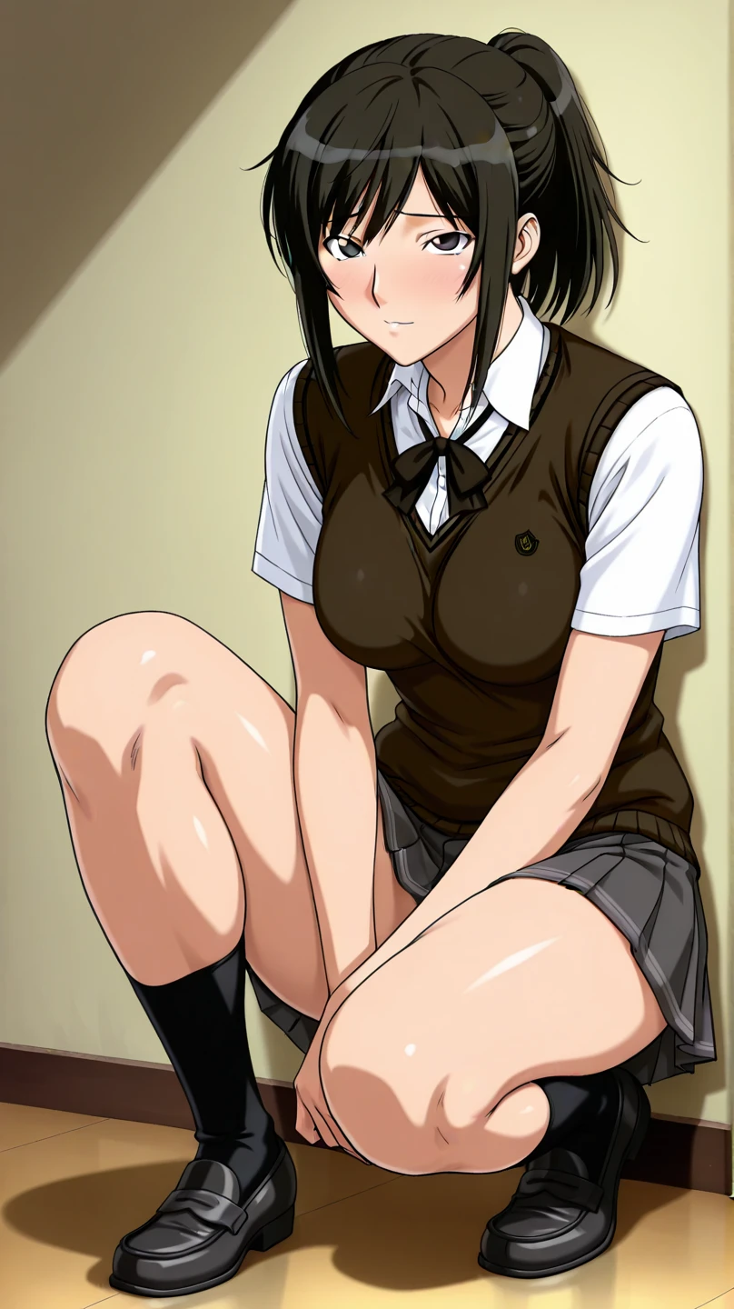 yaoyorozu momo, teen, , topless, medium breasts, green short skirt, socks negras, spread legs, pussy, under skirt, black shoes, SMILE, perfect body, perfect legs, perfect arms, pose sexy, Classroom, sitting at table, face looking at viewer