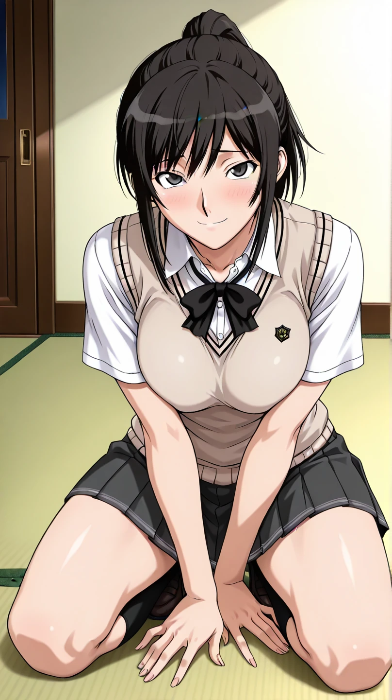 full nude、girl、cute 、pubic hair、濃いpubic hair、tits、big breasts、nipple 、sweating all over、Sweat dripping from the crotch、black hair、Idol、NSFW、thighs、embarrassing、crouching posture、vagina、（School_uniform_Purple_shirt_Blue_skirt_White_neckerchief_Black_thighhighs）、very short hair