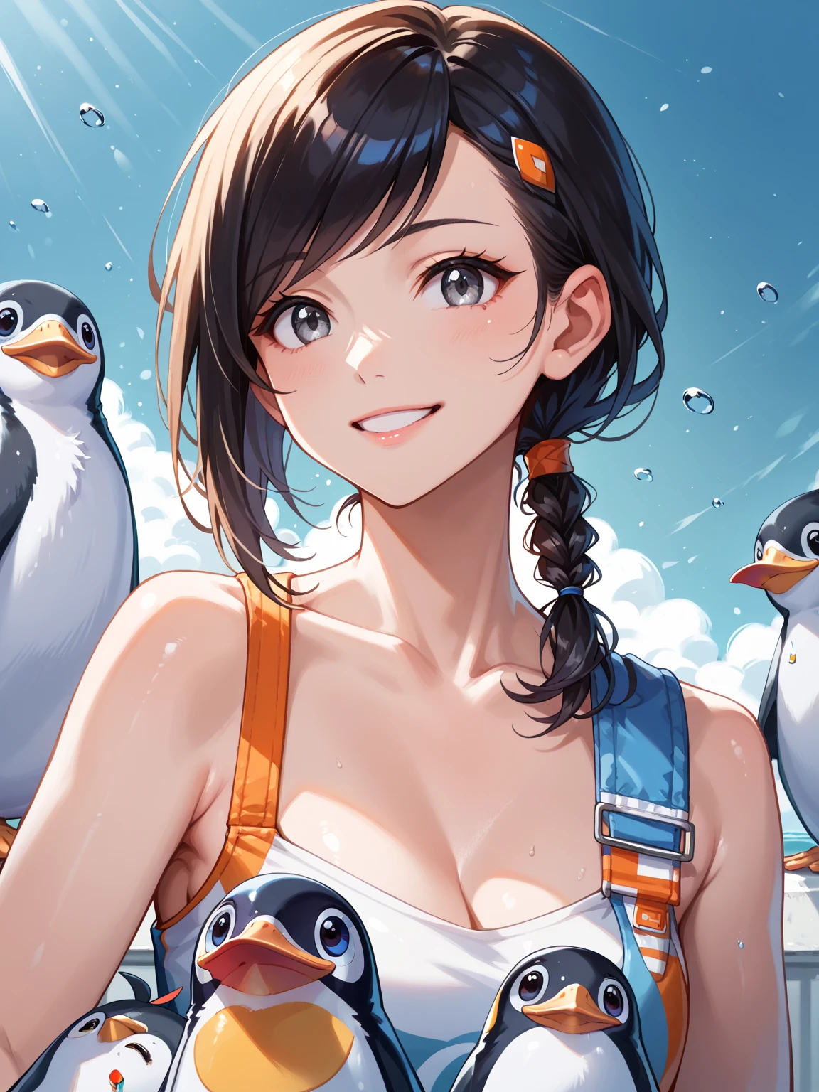 (((Wearing a penguin-colored costume, skirt, Penguin hat))), ((Shiny Costumes)), ((skindentation)), skinny, solo, 1 woman, Masterpiece, highest quality, highest quality, 16K, incredibly absurd, highly detailed, 2.5D, ai-generated, delicate and dynamic, very delicate facial expressions, delicate eye depiction, erotic, only sexy woman, ((A cute and kind face)), healthy figure, ((25-year-old woman)), 160cm tall, medium firm swaying bust, Dark Hair, blush, Sweat,Embarrassed,sexy, ((thin thighs)), shiny and lustrous, facing straight at viewer, (((in heat))), ((Oily_skin)), ((Lots of sweat)), (((Brown Skin))), ((dutch angle)), ((erotic pose)), (((Dynamic Pose))), ((Swimming on the ocean)),