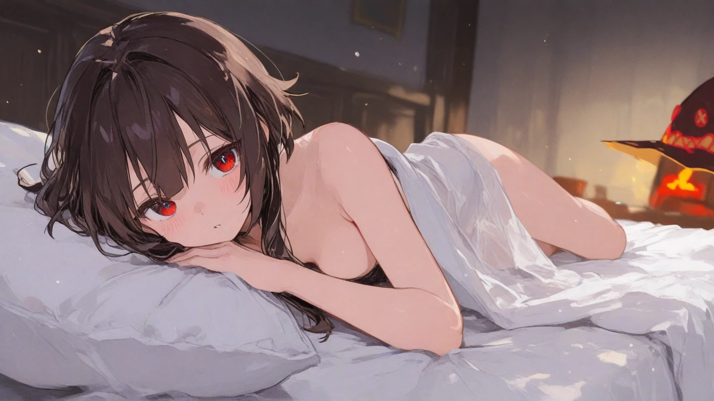 Masterpiece,best quality,very aesthetic,absurdres nsfw,nude,1girl,Shinyredhair,Crevice,black hair,redeyes,red eyes,on stomach,(medium shot),masterpiece,best quality,masterpiece,best quality,very aesthetic,absurdres,on bed,straight-on,(Shiny skin),pov breast,sheet