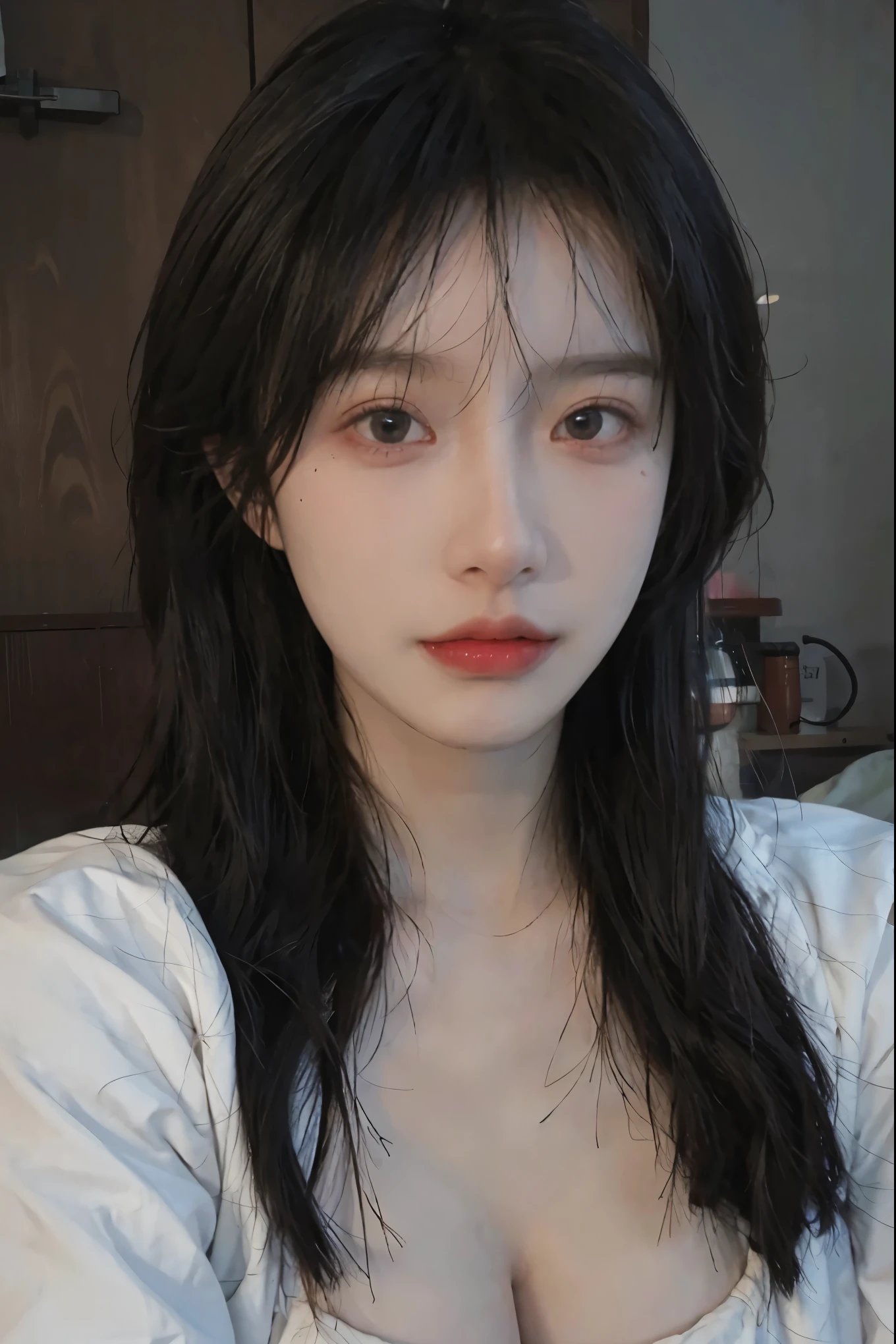 ((Best quality, 8K, masterpiece:1.3))，1girl，18 years old，Asian，Real texture:1.3，Tall and slender figure:1.2,Highly detailed face and skin textures，Exquisite eyes，Long eyelashes，Double eyelids，Skin Whitening，happy，Big breasts,My nipples are showing through my white shirt,
