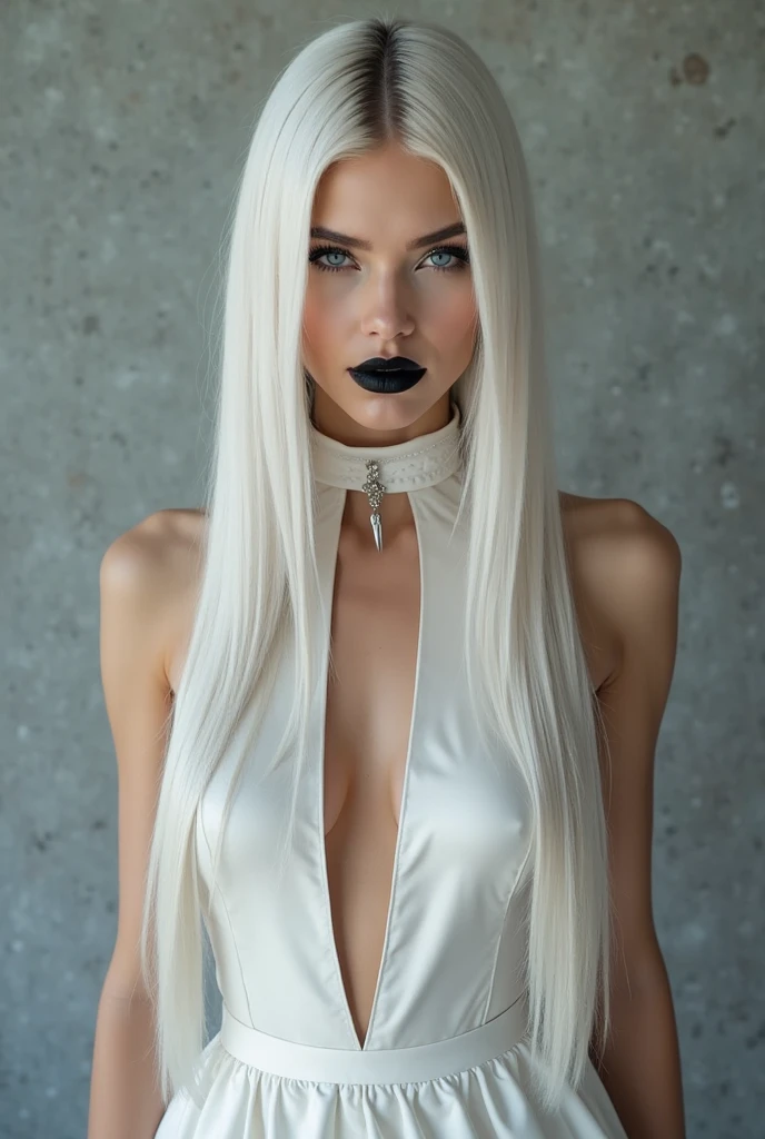 A girl with long straight white hair,wearing a white leather jacket and white leather pants and white lace-up long boots,I want it beautiful and posing with the black background,I want the jacket closed but showing the cleavage,I want her to wear black lipstick