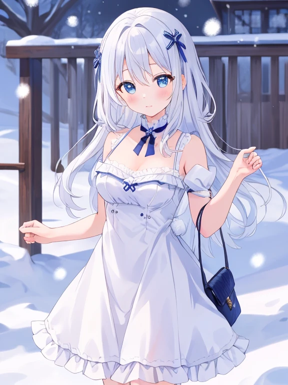 quiet winter landscape, Snow covered trees々, Snowman on background, A young woman with long white hair mixed with a hint of icy blue and crystal blue eyes., Dressed in elegant winter attire, Walking along a snow-covered road, Shooting sideways from a little distance, Soft snow falling, Wide-angle shot, Anime Style, Detailed Environment, Soft focus on the characters, Quiet and cool atmosphere,attractive and large breasts