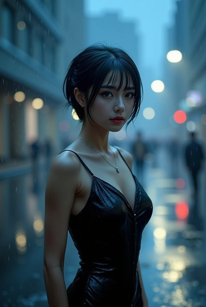 A breathtakingly beautiful full-body portrait of an Asian woman standing alone under a heavy downpour at twilight. Her striking gray eyes, luminous and piercing, reflect the somber, silvery light of the stormy sky above, contrasting with the soft melancholy in her gaze. Her features are exquisitely sculpted — a delicately refined jawline and a finely pointed chin, giving her an ethereal, porcelain-like elegance. Her expression is deeply introspective, serene yet powerful, evoking a silent strength amidst the storm.
Her jet-black hair is cut in an ultra-short, asymmetrical pixie style, now completely drenched by the rain. Every individual strand clings to her scalp and temples, gleaming with moisture, accentuating the contours of her head and face with a natural wet shine. Droplets of water run along the delicate curves of her face and trail down her slender neck, catching the ambient light.
She wears a soaked, form-fitting garment that molds to her elegant, hourglass figure — graceful shoulders, narrow waist, and naturally curved hips — emphasizing her silhouette in the diffused, moody lighting. The fabric is semi-translucent from the rain, textured with intricate details and folds that adhere to her body, revealing the shape of her collarbones and the outline of her skin underneath in an artistic, tasteful way. Her posture is statuesque yet vulnerable, standing tall as rivulets of rain cascade down her frame and splash at her bare feet on the glistening pavement.
The background is a blurred cityscape, bathed in cold blue and deep gray tones, with rain falling in heavy sheets illuminated by scattered ambient lights — distant neon signs, faint reflections on waterlogged streets, and soft backlight from passing headlights. The entire composition is suffused with a hyper-realistic, cinematic atmosphere — light refracting through droplets, subtle reflections in puddles, and a fine mist suspended in the air. The skin texture, water droplets, wet fabric, and atmospheric e