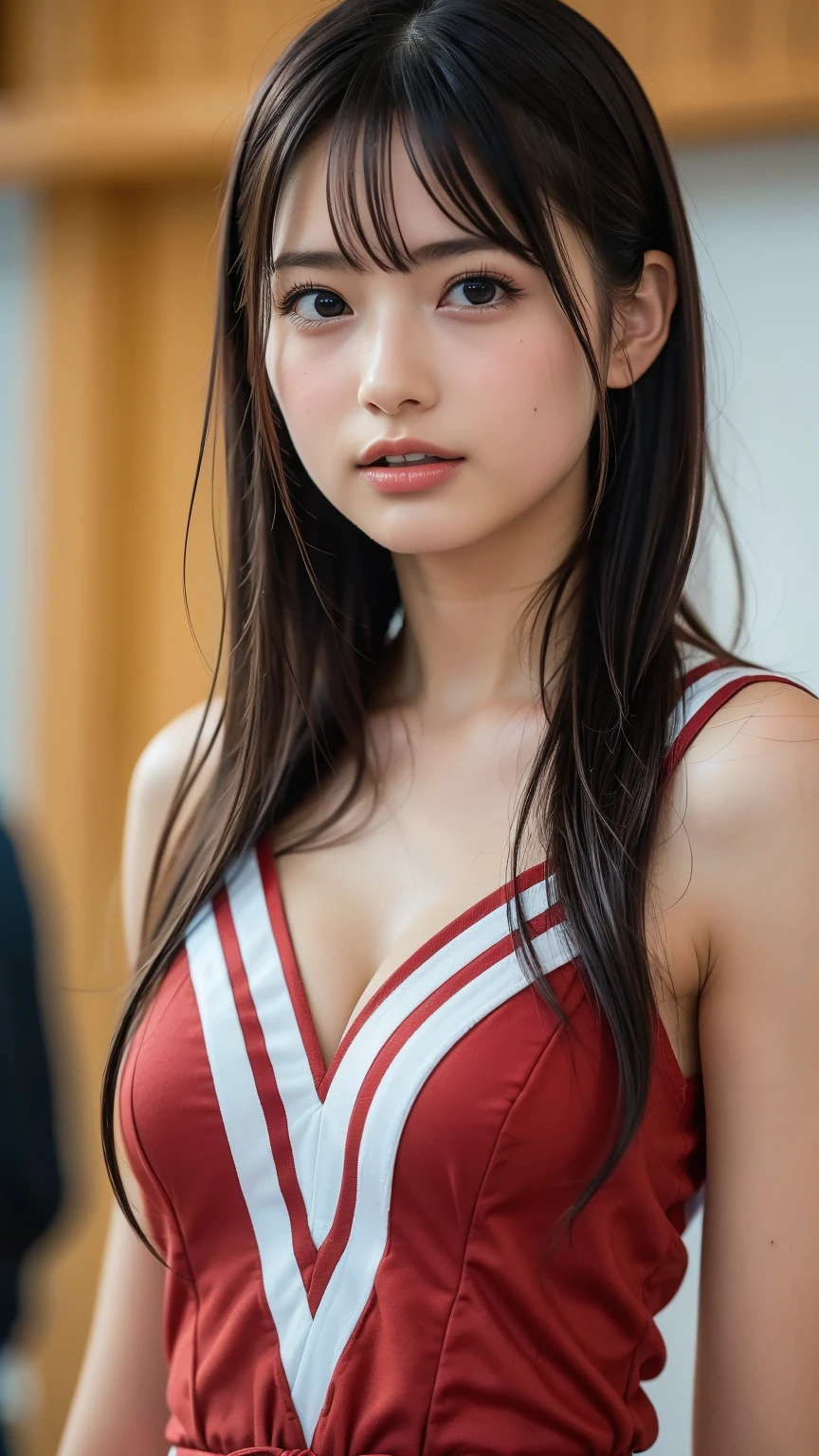 ((Single-lens reflex camera, Wide-angle photography, Uplifting, Gravure photoshoot, Sex Photo, Take a full body photo:1.5)),
(Wearing a cute volleyball team uniform, Emphasize the chest:1.8),
(No bra, The shape of the nipples is visible,Beautiful thighs,Ultra-detailed skin,Small pores in the skin:1.2),

((Her body is incredibly beautiful and stylish:1.2)),
((She is standing bent over beside the bed, She has an angry look:1.4)),
((She is being raped, She is pushed onto the bed, Her clothes are in disarray, He put his hand inside her pants and touched her crotch.:1.6)),

((18-year-old, A beautiful high school girl with a good figure, Naughty lips, Sexy body, Body facing forward:1.4)),
((Small breasts, Flat Chest, chest is slightly drooping:1.2)),
((Large bedroom, Cute Wallpapers, Spotlight:1.2)),

Eye focus, Narrow shoulders, Beautiful clavicle, Thin arms, Thin legs, The back of the hand is beautiful and feminine, Slim figure, Soft belly, Tight waist, Highly detailed face, super detailed breasts, Ultra-detailed skin, Fair skin, Shiny skin, 
Ultra-detailed lips, Fuller lips, Thick and soft lips, Glossy pink lips, 
Blushing, White teeth, blue eyes, 
Beautiful actress makeup, Intense and cute makeup, Pink lipstick, Dark brown hair, Delicate and soft hair, (Put your hair up, Fluffy short bob, ponytail:1.2), (Sweep your bangs to the side:1.2),
Stylish earrings,necklace,
