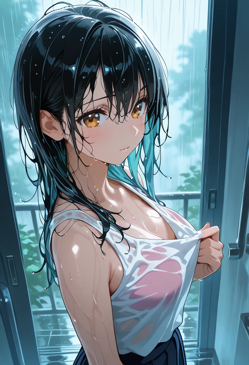 Wet waifus, 1girl, blue eyes, long black fur, wet hair, beautiful face, beautiful face, body l covered by a towel, White towel, looking at the viewer, back room, embarrassed and blushing expressions, , masterpiece, sharp focus, Best Quality, depth of field, cinematic lighting, Degraded Darkness, bright, light, Dark, breasts, twin tails, tongue out, throw, Contralight, anatomically correct, anime girlbreasts, breasts,